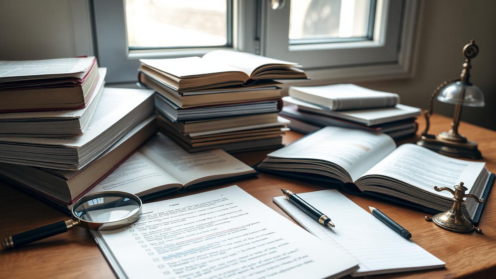 كتب أكاديمية وأوراق مراجعة اختبارات على مكتب