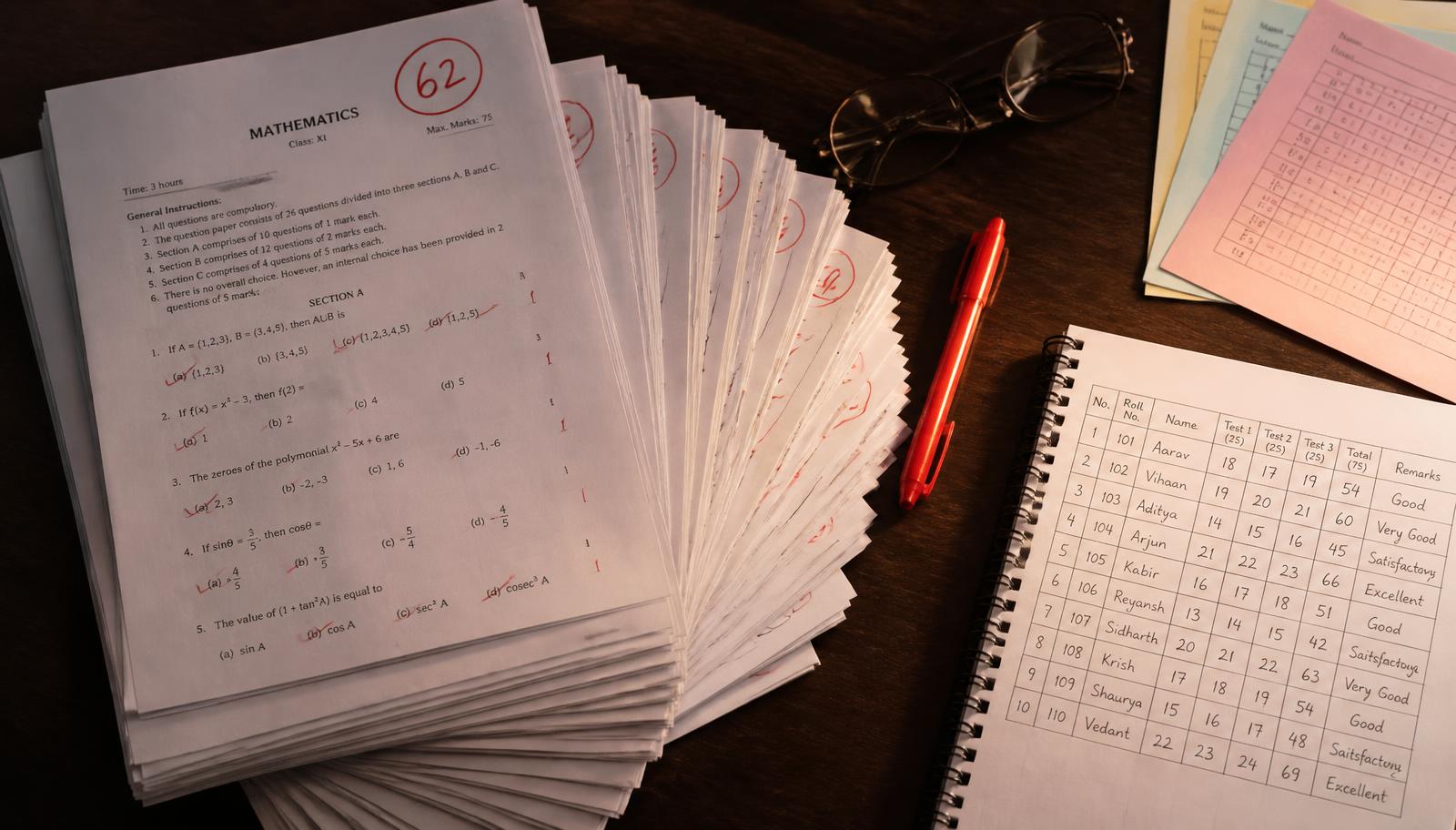 حزمة من أوراق الأسئلة على مكتب