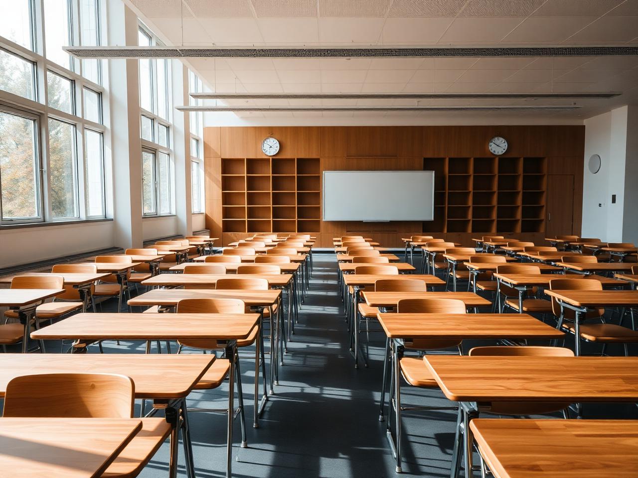 قاعة دراسية فارغة بمقاعد خشبية مرتبة وضوء الصباح